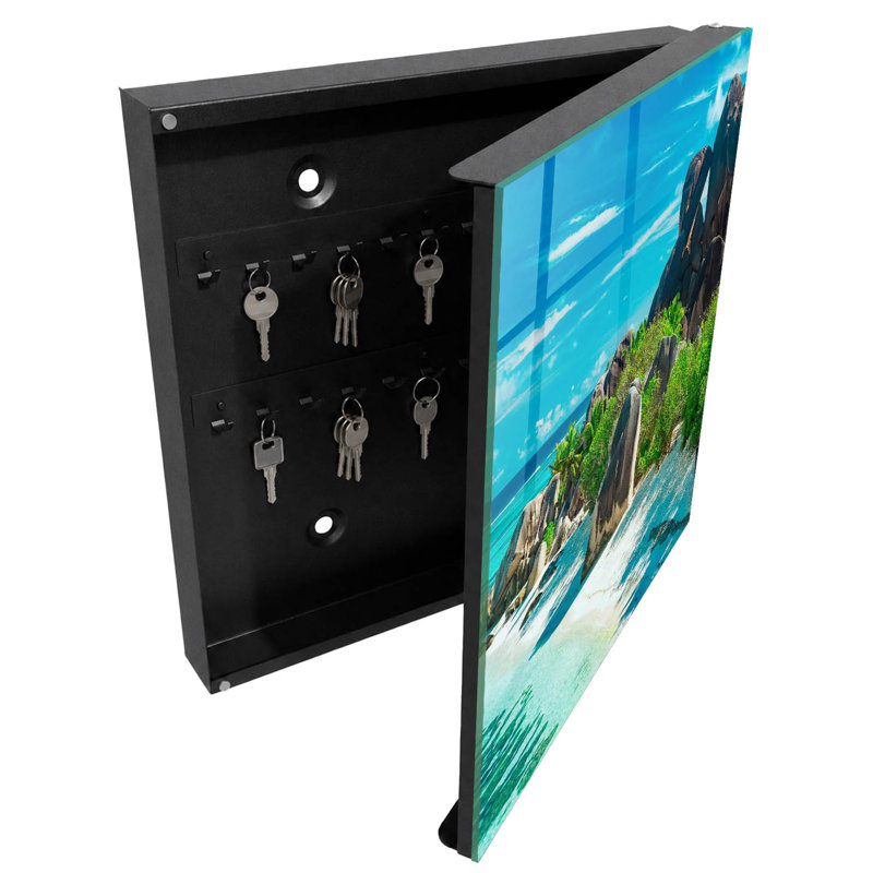 Key cabinet for home, Opens to the right, 30x30x5, Black, A beach with boulders surrounded by lush greenery, 