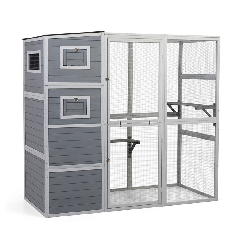 Large Wooden Cat Enclosure, Gray, 70" H x 75.9" W x 33.5" D