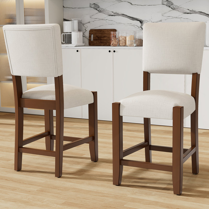 Ensemble de 2 tabourets de bar Mid-Century modernes de 40,4 pouces avec dossier, revêtus de lin, pour la cuisine et la salle à manger, beige