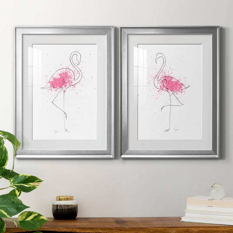 Flamingo Splash I - ensemble de 2 reproductions d'art, H 18,5 po x l 49 po x P 1,5 po, Papier avec cadre argenté, Blanc