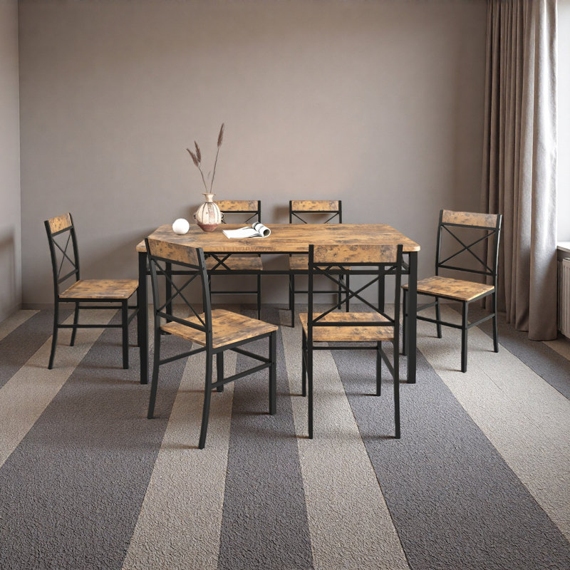 Ensemble de table de salle à manger avec 6 chaises, table de salle à manger avec structure en métal solide et panneau de fibres à densité moyenne pour un petit espace, facile à assembler