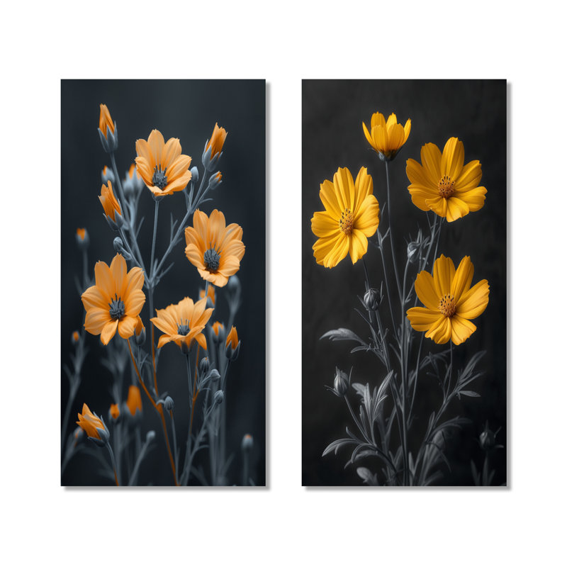 Reproduction murale 2 pièces en métal monochrome jaune et gris Grace II - botanique, H 32 po x l 32 po