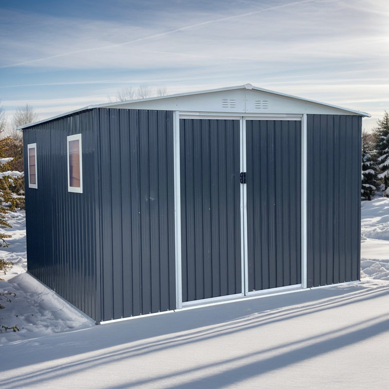 Grey Apex Roof Garden Shed, 10x8/10X12, Aluminum Frame,4 Windows, Lockable Door, Metal Utility Tool House