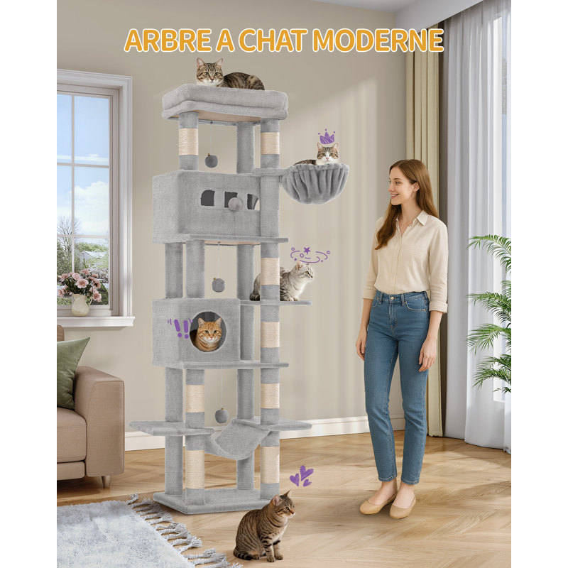 Cat Tree for Indoor Cats, Large Tall Cat Tower, Multi-Level Cats House with Condo, 8 Scratching Posts, Hammock, 4 Pom Poms