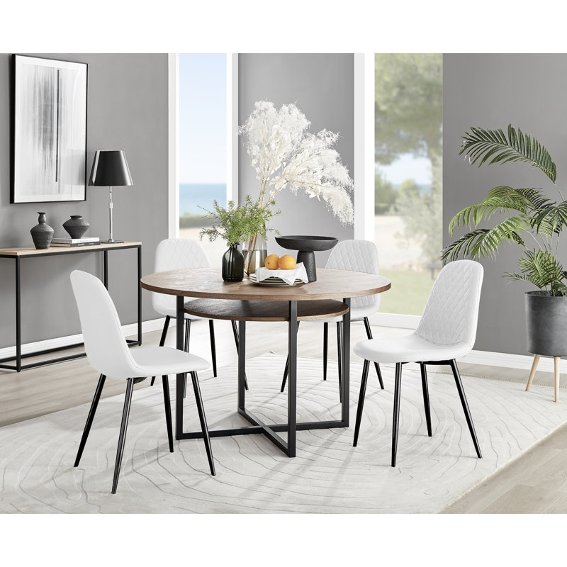 Round High Gloss & Chrome Dining Table With Storage Shelf & 4 Luxury Fabric Dining Chairs, White/Black