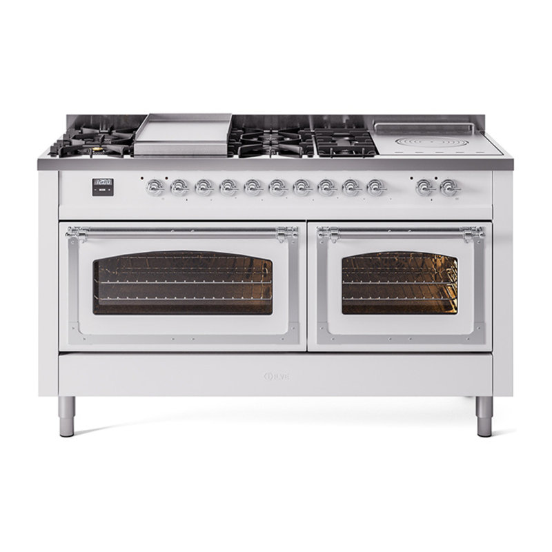 ILVE Nostalgie II Noblesse 60 in Dual Fuel Range 7 Burner, Griddle, Frenchtop, White/Chrome, Natural Gas