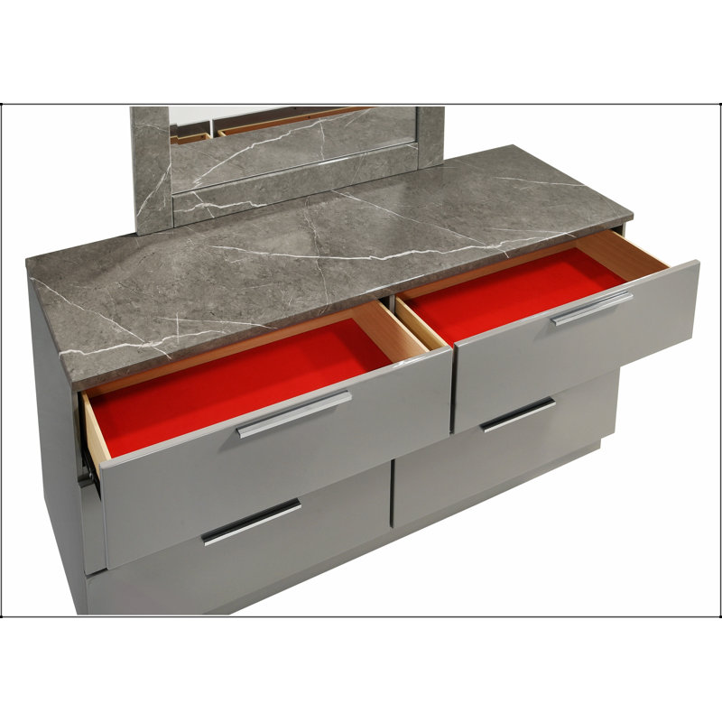 Commode Elara - Finition bicolore très brillante en marbre et laque avec tiroirs spacieux et pieds en métal - Gris