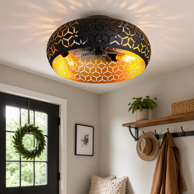 8.38-inch black and gold cage-shaped ceiling fan with remote control, six wind speed settings, timer, and reversible DC motor. Suitable for living rooms, bedrooms, and dining rooms. Light bulb not included.