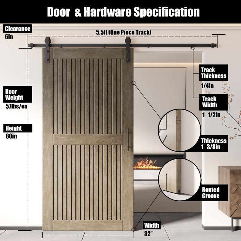 Porte de grange à rayures verticales non assemblée et non assemblée de 32 po x 80 po Homacer Classic, avec rail d'installation de 5,5 pi, usage intérieur seulement