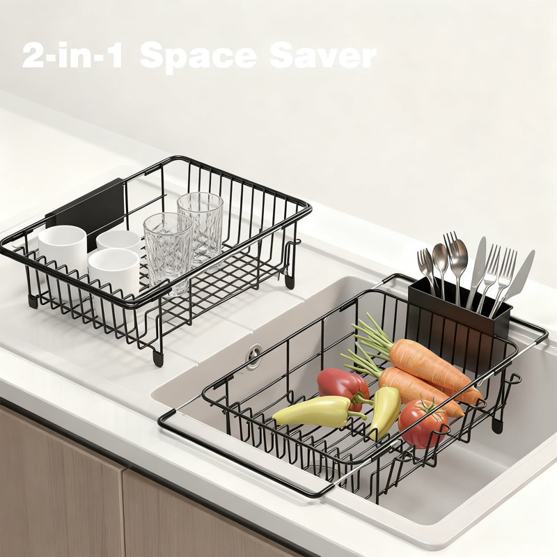 Séchoir à vaisselle extensible avec support à ustensiles | Organisateur de cuisine compact pour petits espaces | Poignée antidérapante et support de gobelet stable