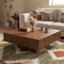 Table basse 35 po carrée en bois massif brun moderne avec tiroirs de rangement cachés à 2 voies, détails cannelés, parquet, table basse à grain de bois-1462684909-1462684907