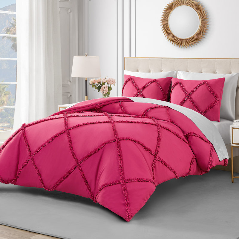 Diamond Ruffle Reversible Microfiber Comforter Set, Twin Extra Long Comforter + 1 Standard Sham, Hot Pink