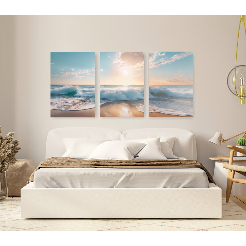 Grande plage, art mural paysage, décoration murale de salon, peinture de paysage marin, art mural côtier (ensemble de 3)