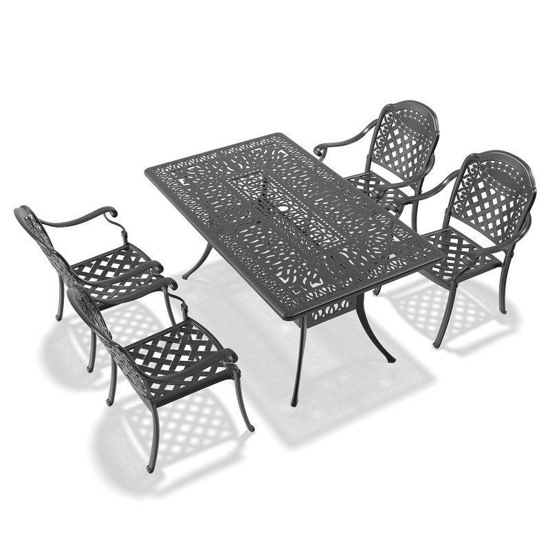 Ensemble de meubles de patio en aluminium coulé avec cadre noir et coussins de siège rouges, 4
