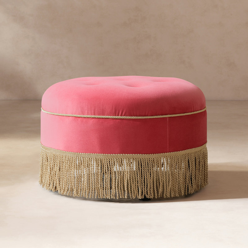 Labus 24 inch Round Upholstered Accent Ottoman, Rose Pink Velvet