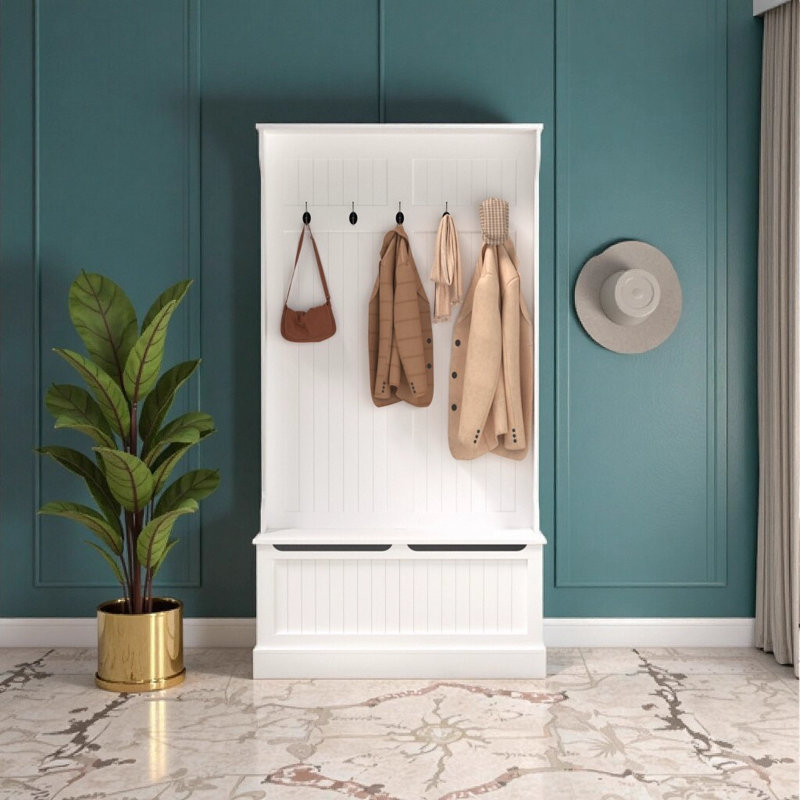 Banc d'entrée avec portemanteau, arbre d'entrée avec banc de rangement pour chaussures et 5 crochets doubles pour rangement d'entrée, blanc