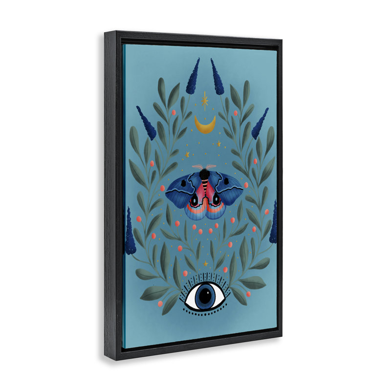 «Mindfulness Moth & Eye», art mural encadré flottant par Metka Hiti, H 25 po x l 17 po, Cadre flottant noir de jais