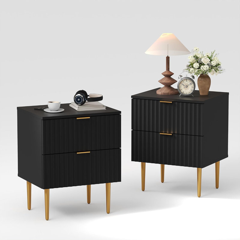 Modern Fluted Nightstand with Charging Station, 2-Drawer Bedside Table for Bedroom or Apartment, Black, Set of 2