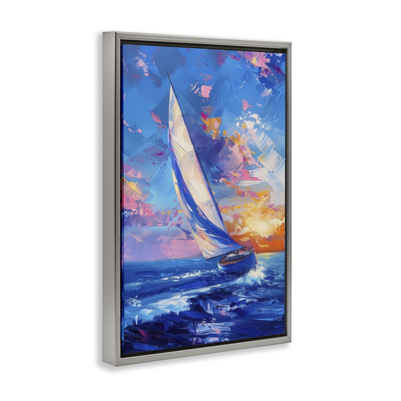 Cadre flottant bateau abstrait au coucher du soleil, design par LSR Design Studio, Cadre flottant gris lustré