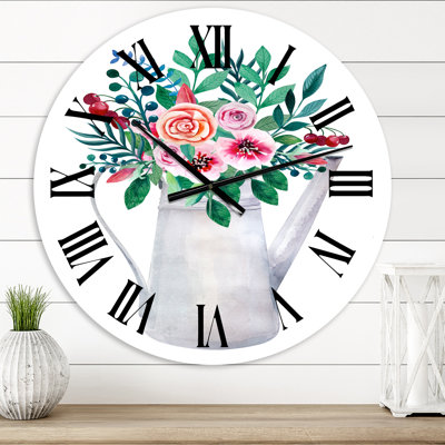 Bouquets Of Flowers In Rustic Flowering Pot - Traditional Wall Clock
