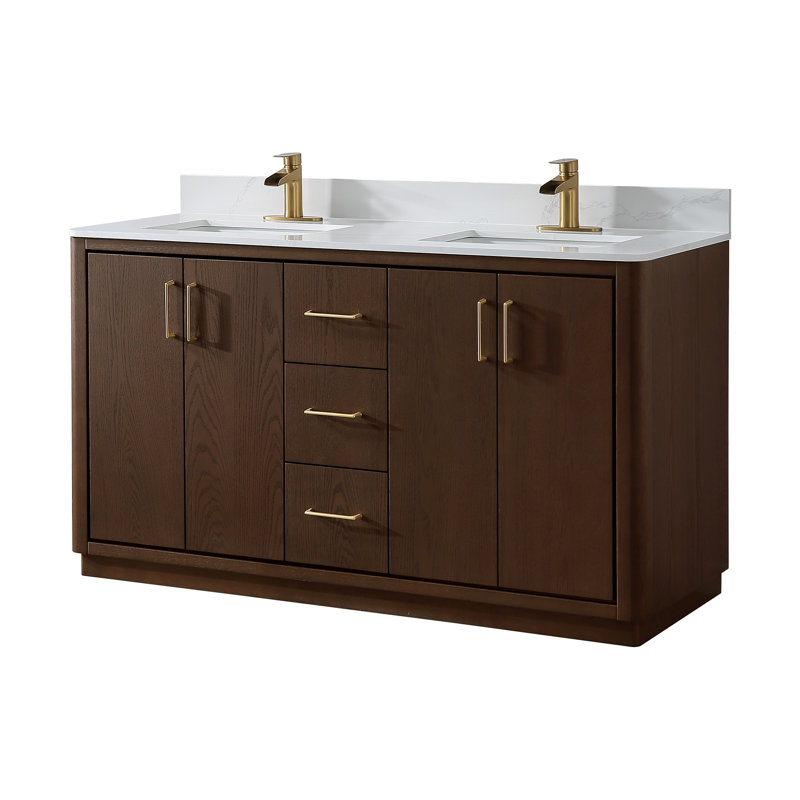 60" Free Standing Double Bathroom Vanity with Quartz Top, Brown