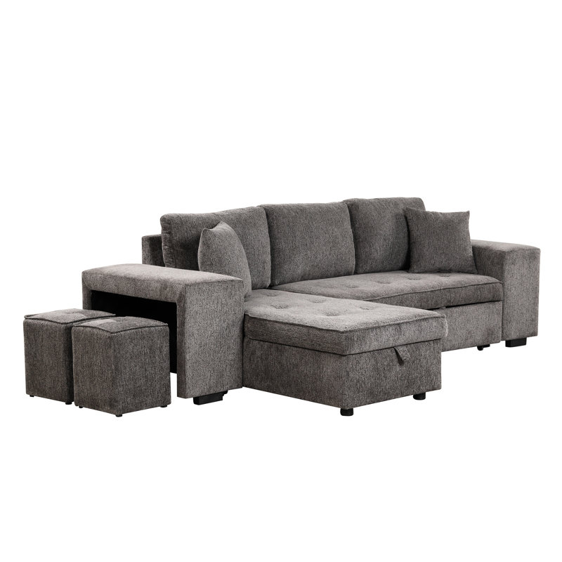 104.5" L-shape Sectional With Sleeper Function, Storage Chaise And 2 Stools, Charcoal Living Space Reversible Bed & Comfy Linen Fabric,