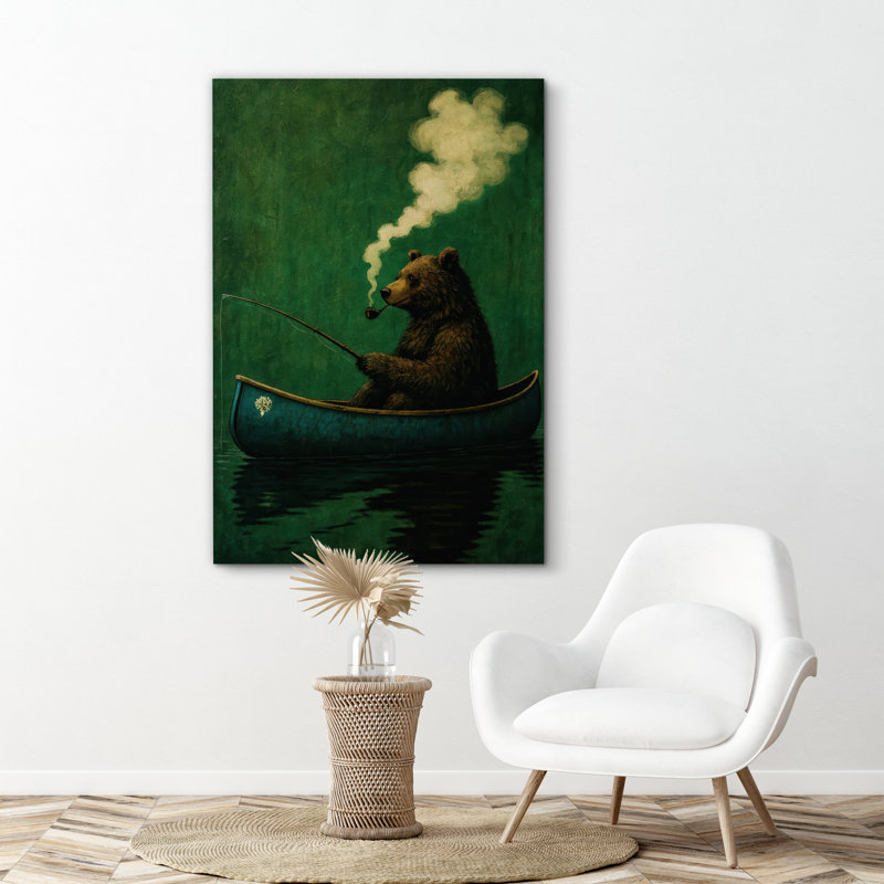 «Whimsical Bear Fishing in Blue Canoe with tuyau», reproduction d'art sur toile encadrée, H 36 po x l 24 po x P 1,5 po