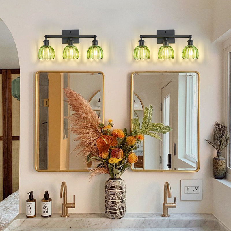 Modern Vintage Bathroom Vanity Light – Patterned Glass Shade  E26 Bulb Base, Matte Black, 3, Green