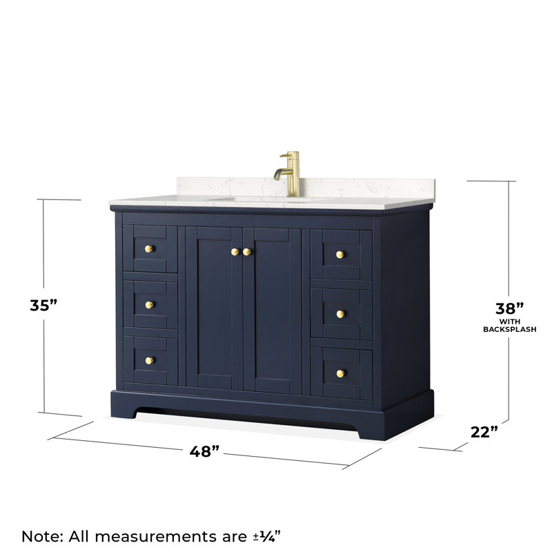 Avery 48'' Single Bathroom Vanity with Marble Top, Dark Blue, Carrara Cultured Marble, Brushed Gold