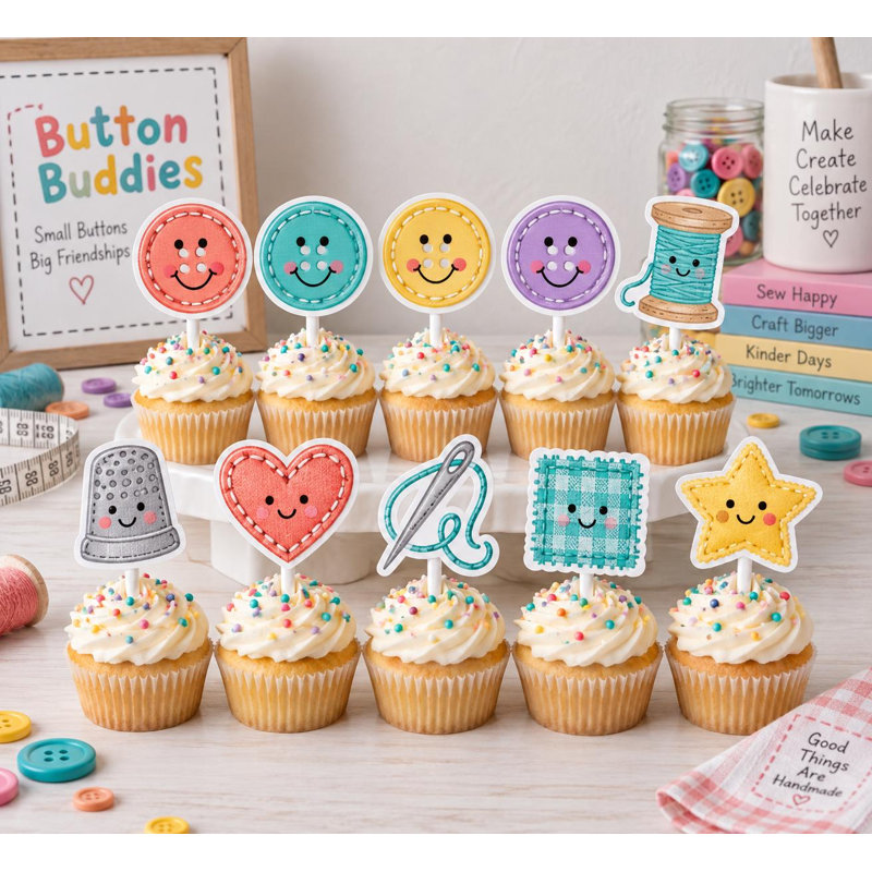 Button Buddies Cupcake Toppers, Colorful Sewing Craft Buttons Thread Spool and Stitched Heart Party Picks