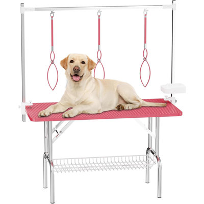 47Inch Pet Grooming Table Pink,Stainless Steel Foldable Grooming Table for Dogs at Home Adjustable Height Arms Pet Station with Nooses, Mesh Tray, Tool Organizer