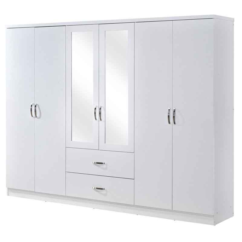 White 6 Door 2 Drawer Mirrored Wardrobe With Chrome Handles