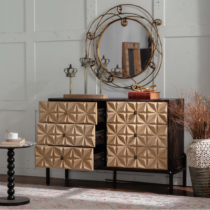 Buffet Mid-Century à 6 tiroirs avec motif géométrique 3D pour salon, salle à manger et rangement