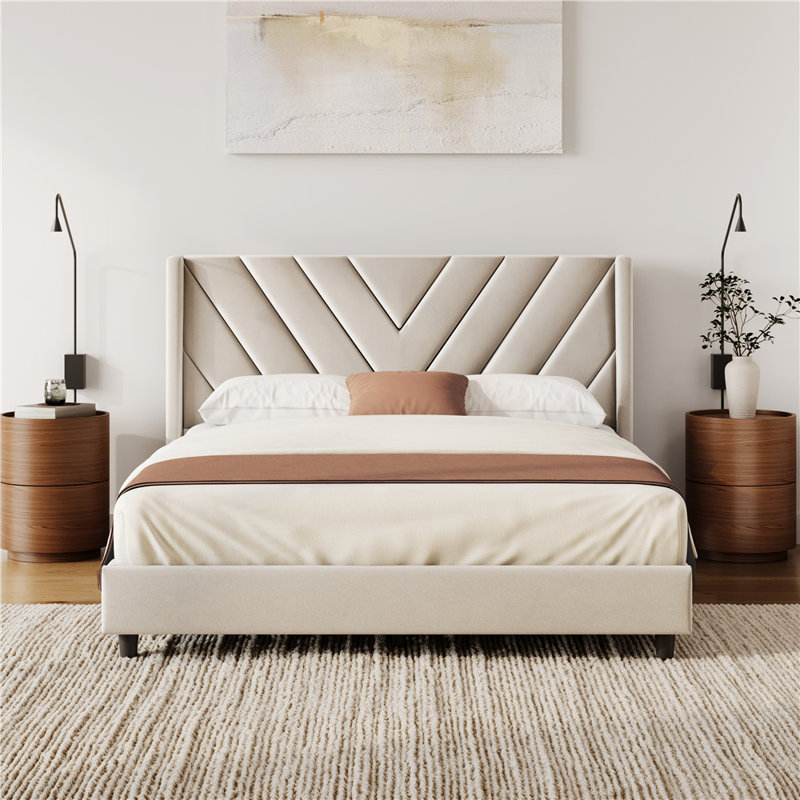 Permelia Upholstered Wingback Bed, Queen, Beige