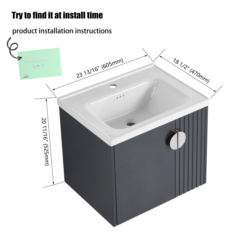 Meuble-lavabo simple mural 24 po avec comptoir en céramique, Noir