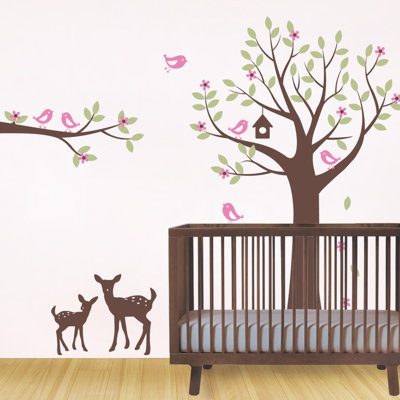 Décalcomanie murale arbre fleur avec oiseaux et cerf