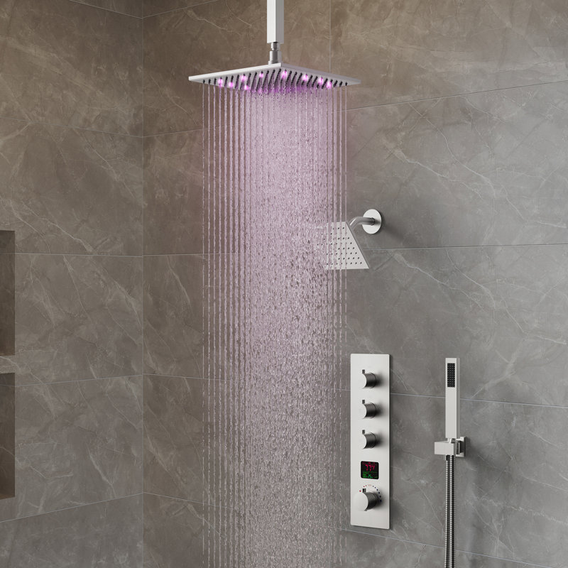 Thermostatic Digital Shower System Set ,12-Inch Dual Rainfall Shower Faucet with Handheld Spray, Brushed Nickel