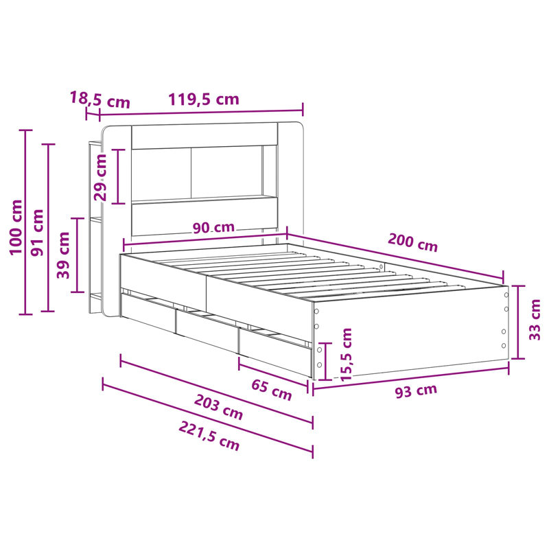 Bed, European Single (90 x 200 cm), Grey Sonoma