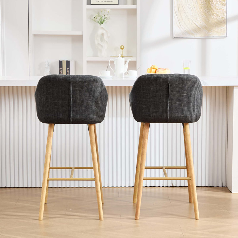 Ensemble de tabourets de bar rembourrés en lin Modern avec pieds et repose-pieds en bois massif, Noir