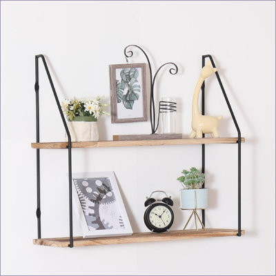 Tablette flottante à 2 niveaux en bois naturel rustique, rangement mural avec supports en métal | Bois naturel | Métal Bois