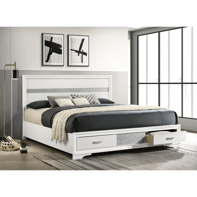 2 très grand lit plateforme avec rayures scintillantes, base à lattes de rangement en bois blanc et 2 tiroirs avec poignées en strass, Grandeur de chambre à coucher