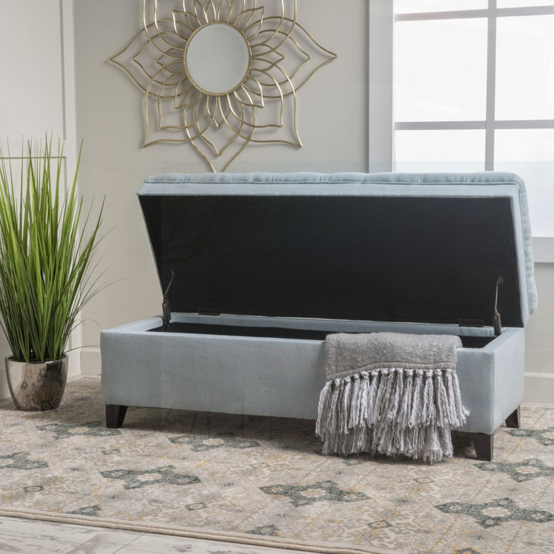 JULIANA Fabric Storage Ottoman with Birch Legs, Perfect for Living Room Organization and Extra Seating., Light Blue