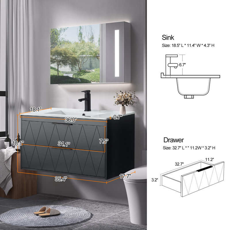 Ensemble de meuble-lavabo mural flottant de 36 po avec plateau d'évier Ciarra Makowski, robinet en alliage de zinc, tiroirs à fermeture en douceur
