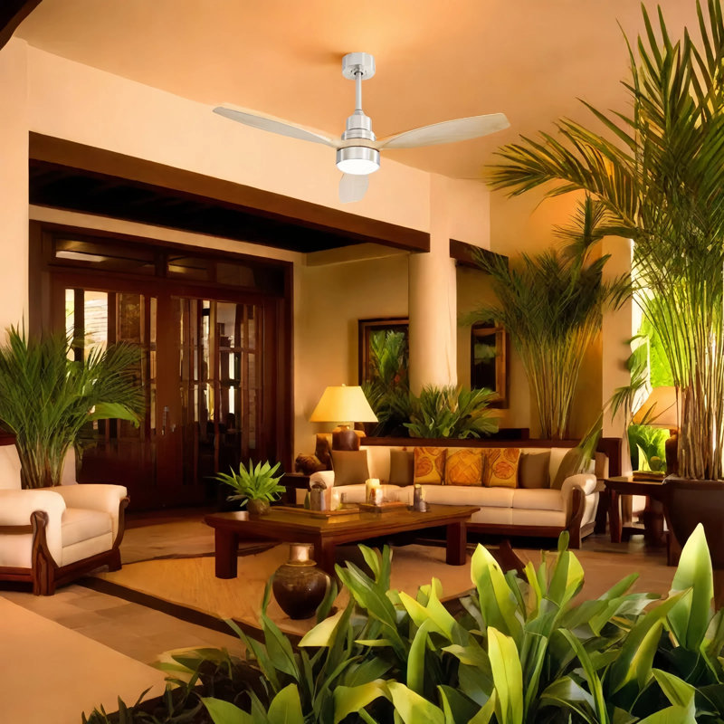 Auravista 52 In. Indoor Oak Blades Ceiling Fan Chrome Housing With LED Light Bulbs And Remote Control, Light Yellow