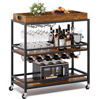 Chariot-bar pour la maison, chariot de service roulant sur roulettes avec support à vin et porte-verre, chariot à boissons alcoolisées à 3 niveaux pour bar maison, brun