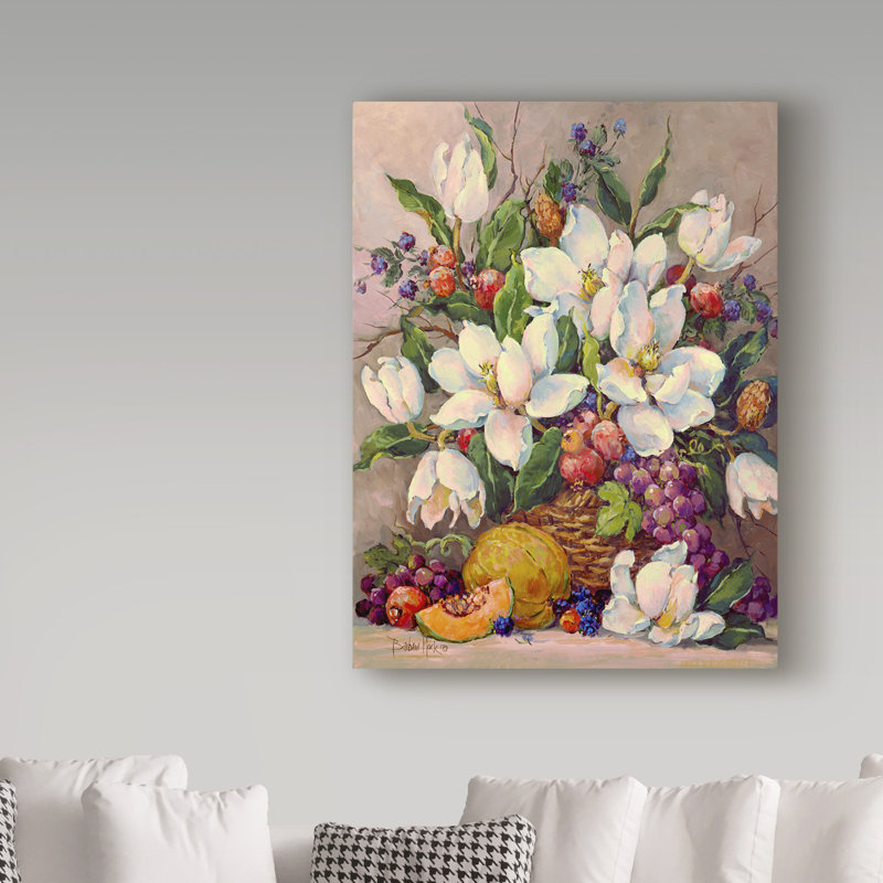 «Fruit and Magnolias» par Barbara Mock, reproduction sur toile, H 47 po x l 35 po x P 2 po