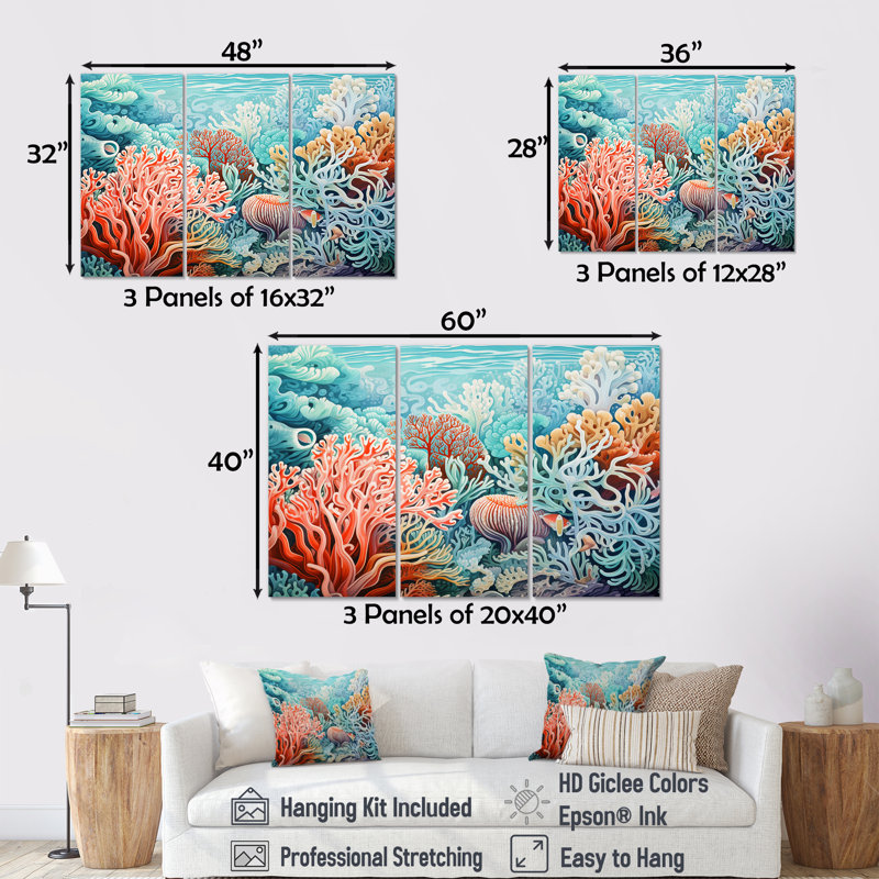 Ensemble de décorations murales corail sous-marin Gorgonacées, Toile tendue, H 32 po x l 48 po x P 1 po