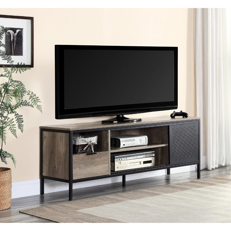 55 - Inch Tv Stand, Rustic Oak, Black Metal Design, 1 Drawer, 4 Storage Compartments, 50 59 Entertainment Center Flat Screen Metal, Compartments