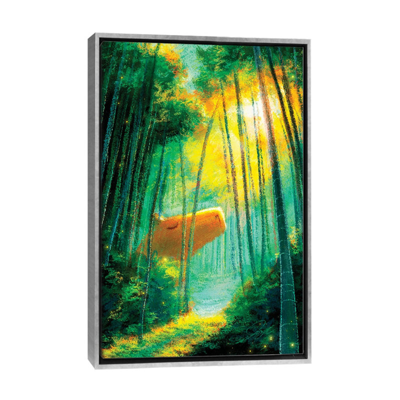 Capybara dans la forêt de bambous - reproduction d'art murale - toile encadrée, 48 po x 32 po, Toile avec cadre, Argent