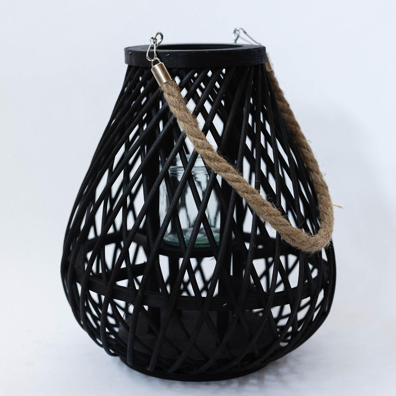 Cadre noir tissé avec poignée en corde de jute et porte-bougie en verre en forme de poire, H 10,63 po x l 9,06 po x P 5,12 po